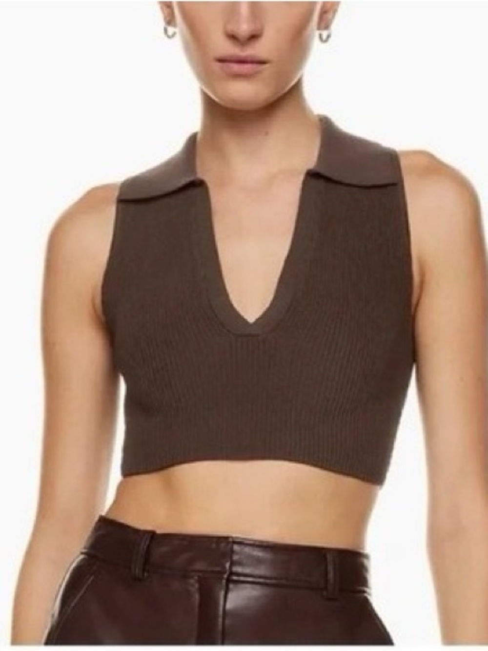 Babaton Ribbed Sleeveless PoloCrop Top - Beige - Picture 3 of 3
